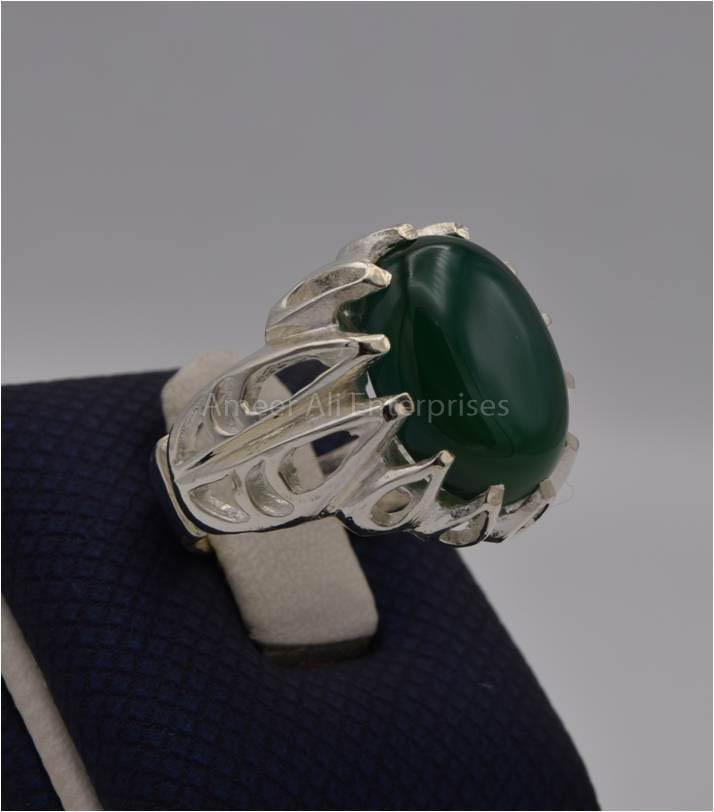AAE 3114 Chandi Ring 925, Stone: Green Aqeeq - AmeerAliEnterprises