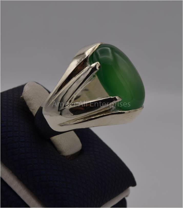 AAE 3118 Chandi Ring 925, Stone: Green Aqeeq - AmeerAliEnterprises