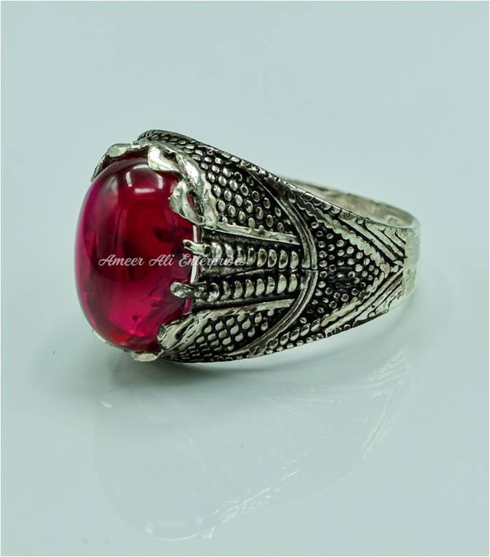 AAE 6773 CHANDI RING 925, STONE: IRANI POOTA YAQOOT (ANARI YAQOOT) - AmeerAliEnterprises