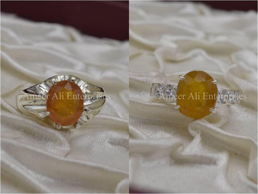 Silver Couple Rings: Pair 9, Stone: Pukhraj (Yellow Sapphire) - AmeerAliEnterprises