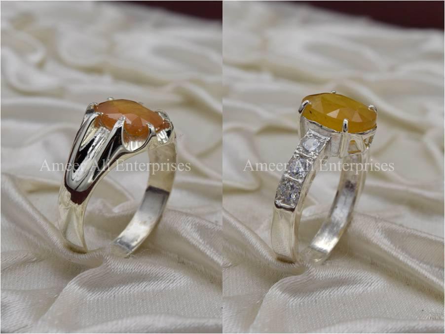 Silver Couple Rings: Pair 9, Stone: Pukhraj (Yellow Sapphire) - AmeerAliEnterprises