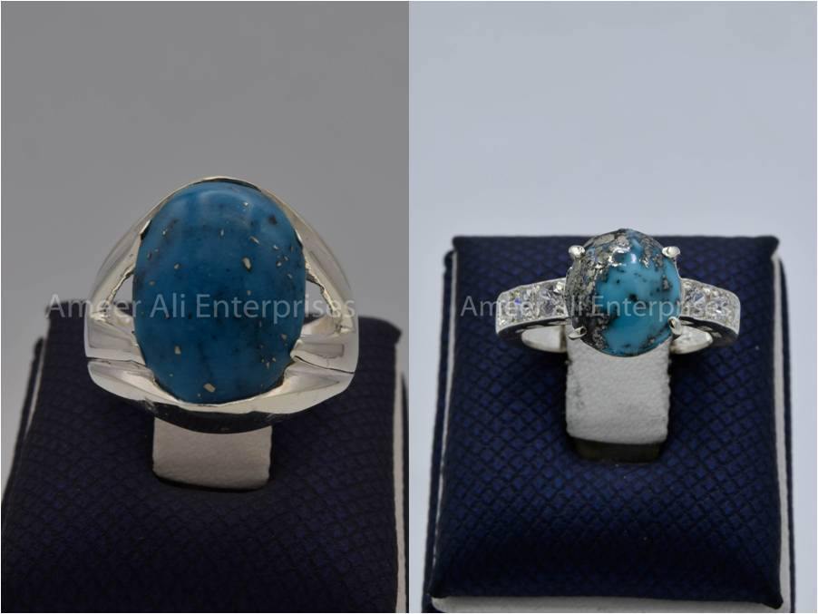 Silver Couple Rings: Pair 140,  Stone: Shajri Feroza - AmeerAliEnterprises