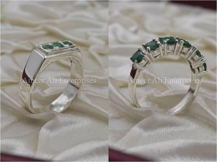 Silver Couple Rings: Pair 27,  Stone: Emerald - AmeerAliEnterprises