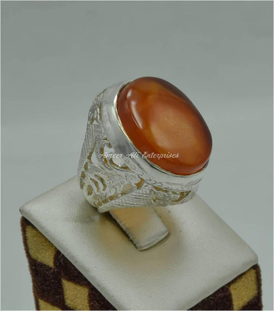 AAE 6158 Chandi Ring 925, Stone: Red Aqeeq - AmeerAliEnterprises