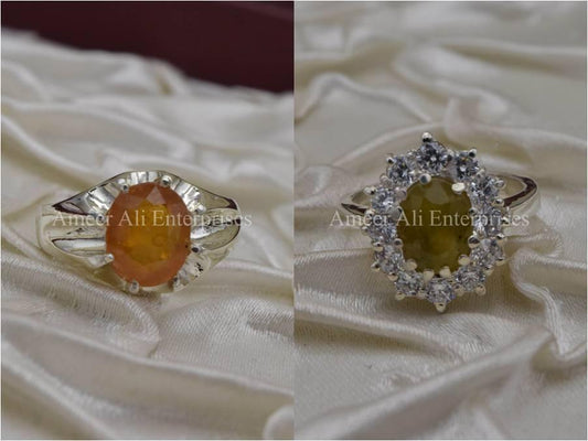 Silver Couple Rings: Pair 10, Stone: Pukhraj (Yellow Sapphire) - AmeerAliEnterprises