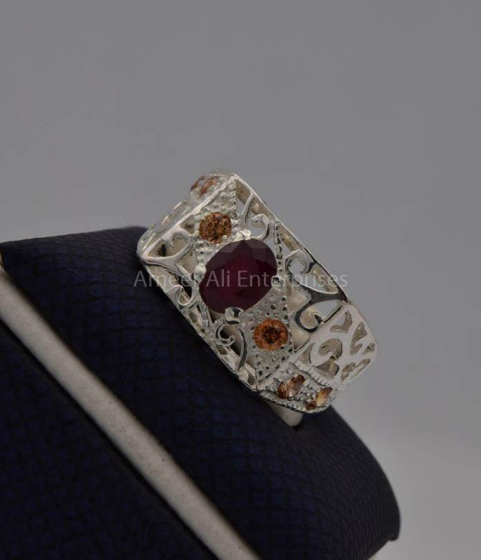 AAE 7415 Chandi Ring 925, Stone: Yaqoot Ruby - AmeerAliEnterprises