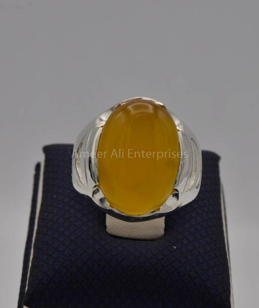 AAE 6535 Chandi Ring 925, Stone: Yellow Aqeeq - AmeerAliEnterprises