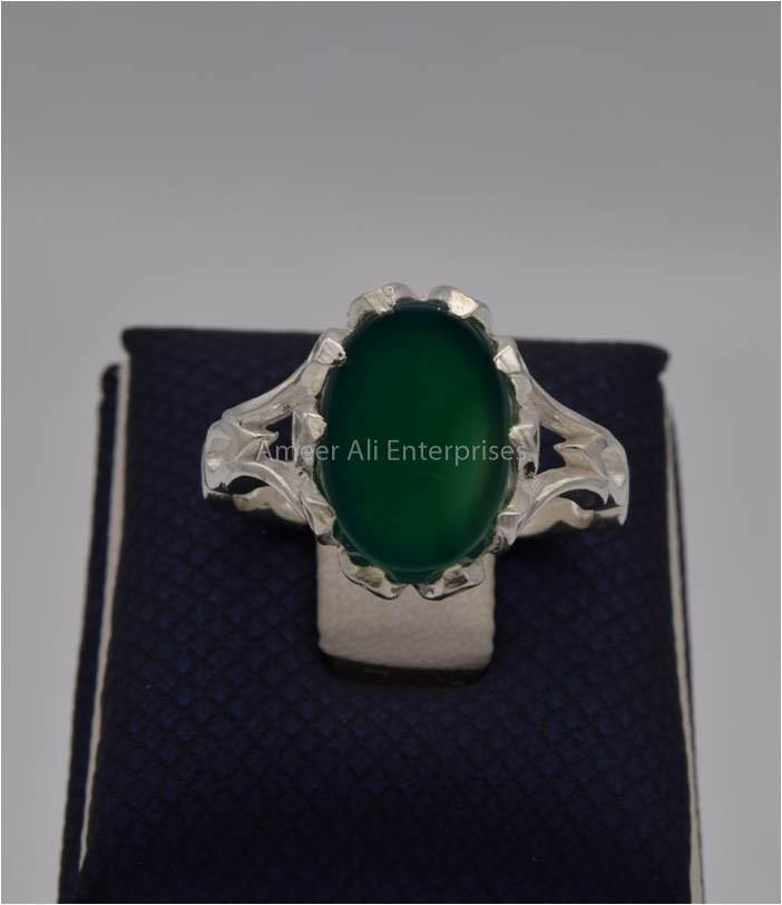 AAE 2316 Chandi Ring 925, Stone: Green Aqeeq - AmeerAliEnterprises