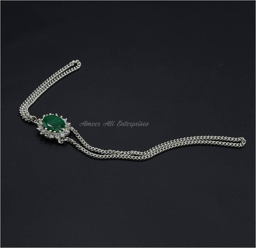 AAE 1557 Chandi Bracelet 925. Stone: Green Onyx - AmeerAliEnterprises