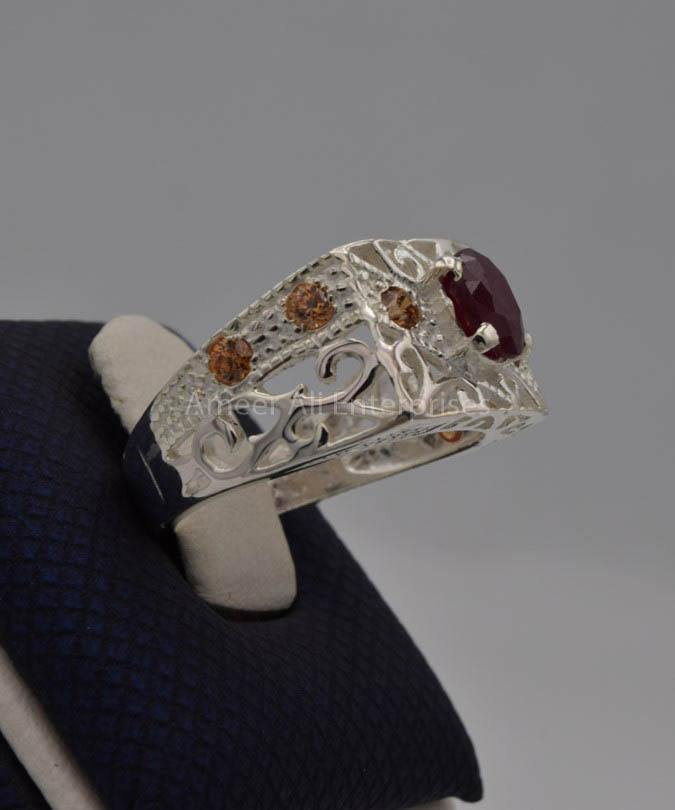 AAE 7415 Chandi Ring 925, Stone: Yaqoot Ruby - AmeerAliEnterprises