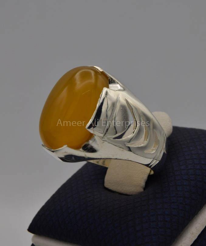 AAE 6535 Chandi Ring 925, Stone: Yellow Aqeeq - AmeerAliEnterprises