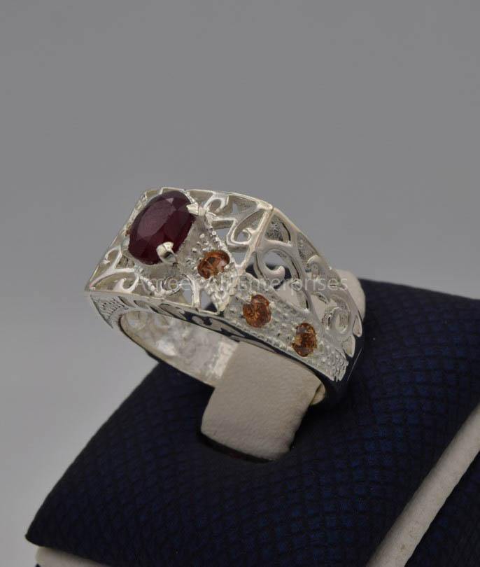 AAE 7415 Chandi Ring 925, Stone: Yaqoot Ruby - AmeerAliEnterprises