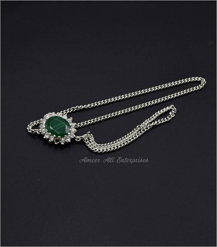 AAE 1557 Chandi Bracelet 925. Stone: Green Onyx - AmeerAliEnterprises