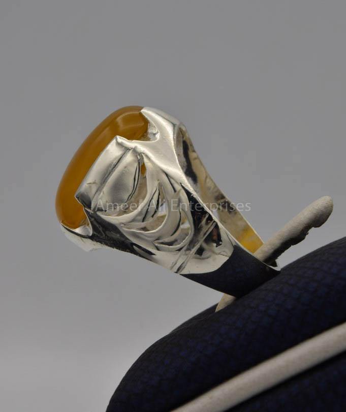 AAE 6535 Chandi Ring 925, Stone: Yellow Aqeeq - AmeerAliEnterprises