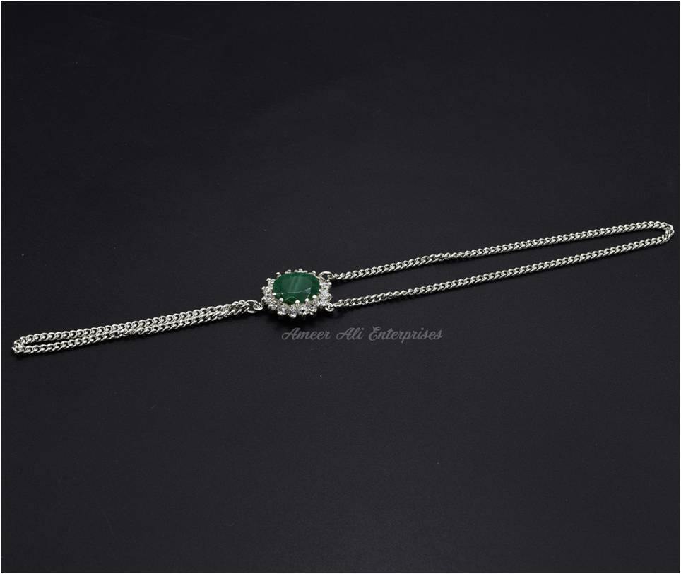 AAE 1557 Chandi Bracelet 925. Stone: Green Onyx - AmeerAliEnterprises
