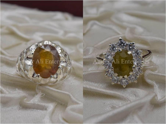 Silver Couple Rings: Pair 11,  Stone: Pukhraj (Yellow Sapphire) - AmeerAliEnterprises