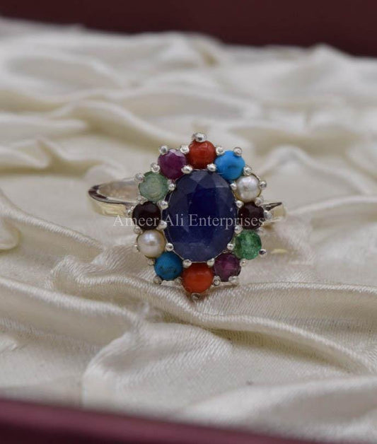 AAE 0527 Chandi Ring 925, Stone: Navratan (Nine Original Stones) - AmeerAliEnterprises