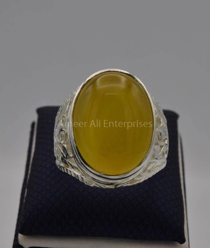 AAE 6536 Chandi Ring 925, Stone: Yellow Aqeeq - AmeerAliEnterprises