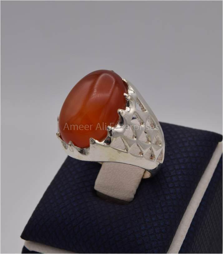 AAE 1137 Chandi Ring 925, Stone: Red Aqeeq - AmeerAliEnterprises