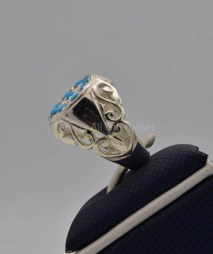 AAE 9143 Chandi Ring 925, Stone: Feroza (Turquoise) - AmeerAliEnterprises