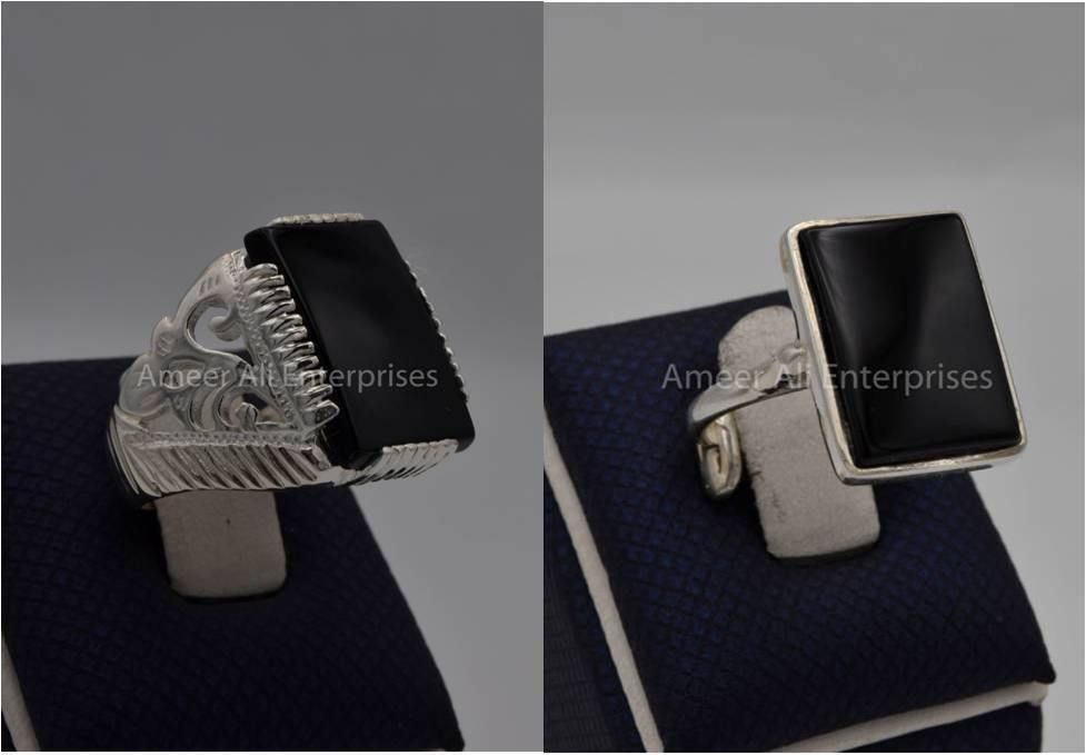 Silver Couple Rings: Pair 88,  Stone: Black Aqeeq (Agate) - AmeerAliEnterprises