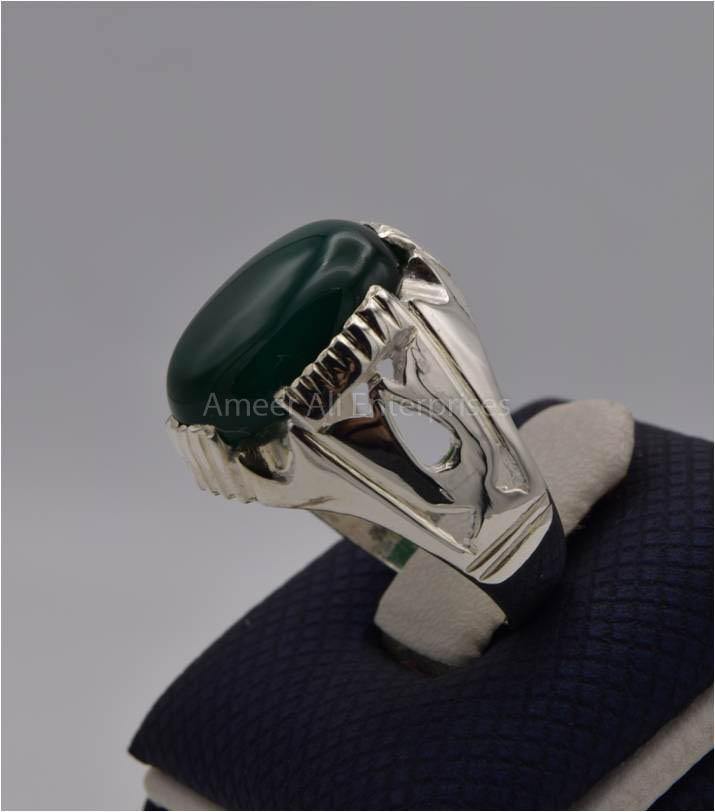AAE 3111 Chandi Ring 925, Stone: Green Aqeeq - AmeerAliEnterprises