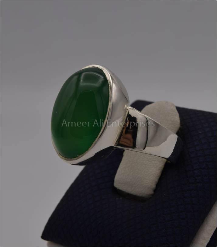 AAE 3121 Chandi Ring 925, Stone: Green Aqeeq - AmeerAliEnterprises