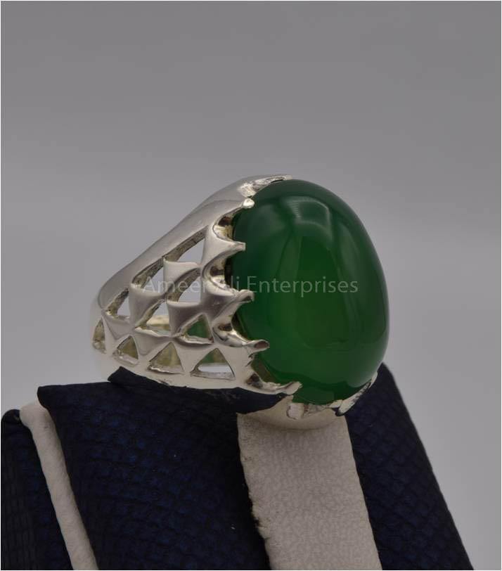 AAE 3122 Chandi Ring 925, Stone: Green Aqeeq - AmeerAliEnterprises