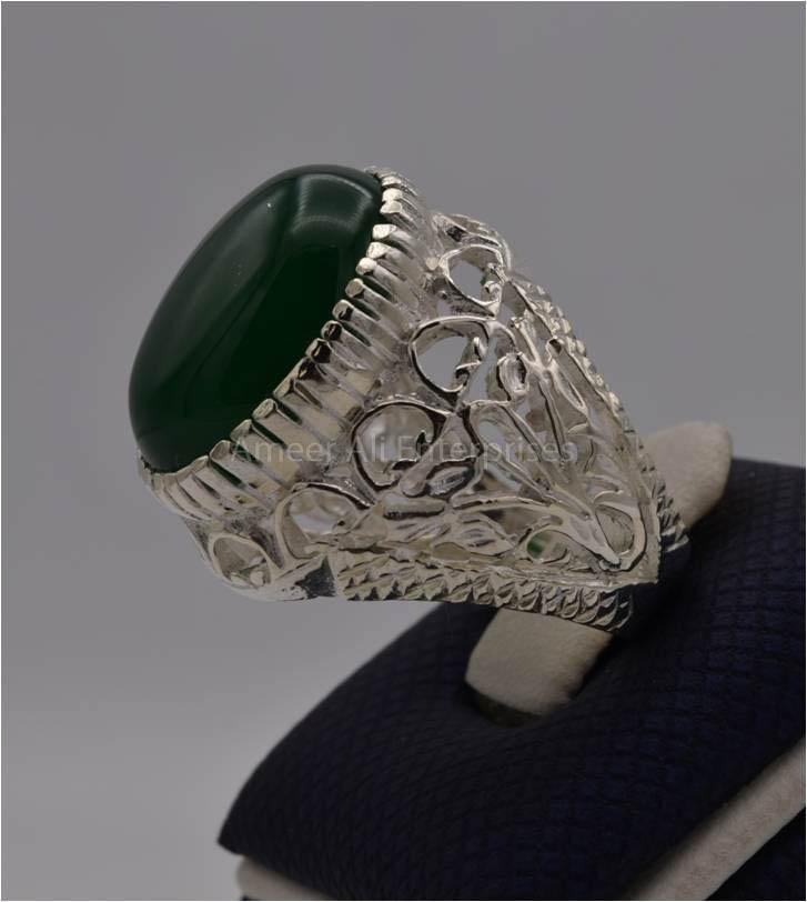 AAE 3112 Chandi Ring 925, Stone: Green Aqeeq - AmeerAliEnterprises