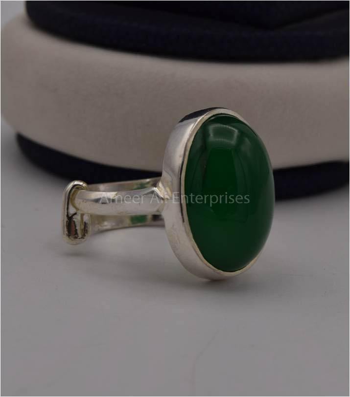 AAE 3113 Chandi Ring 925, Stone: Green Aqeeq - AmeerAliEnterprises