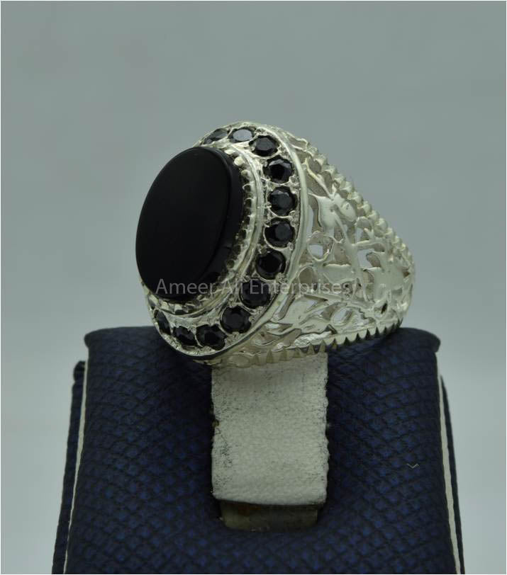 AAE 6679 Chandi Ring 925, Stone: Black Aqeeq