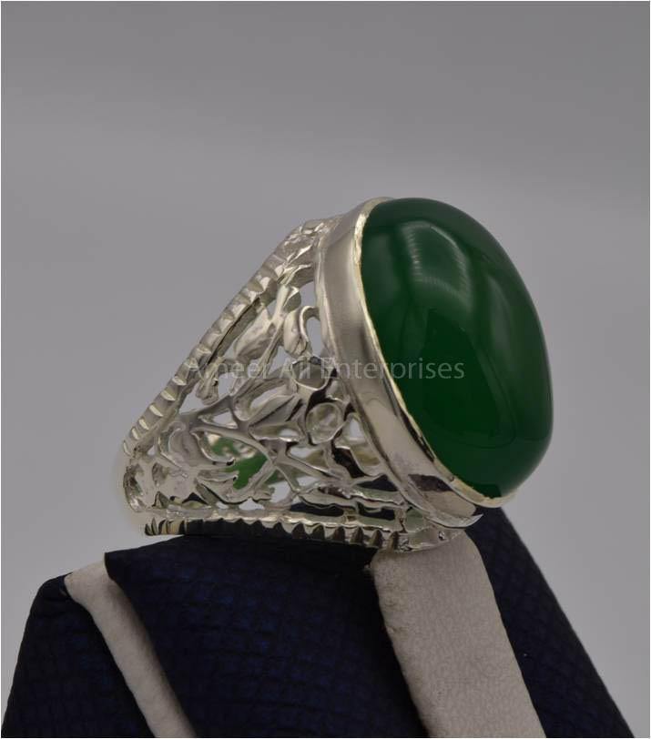 AAE 3117 Chandi Ring 925, Stone: Green Aqeeq - AmeerAliEnterprises