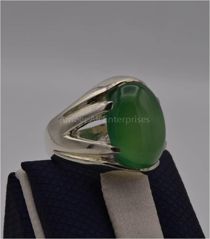 AAE 3118 Chandi Ring 925, Stone: Green Aqeeq - AmeerAliEnterprises