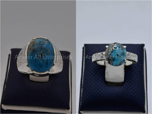 Silver Couple Rings: Pair 138,  Stone: Shajri Feroza - AmeerAliEnterprises