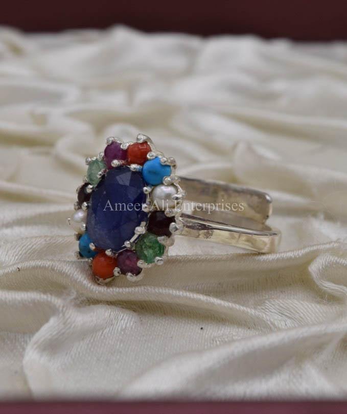 AAE 0527 Chandi Ring 925, Stone: Navratan (Nine Original Stones) - AmeerAliEnterprises