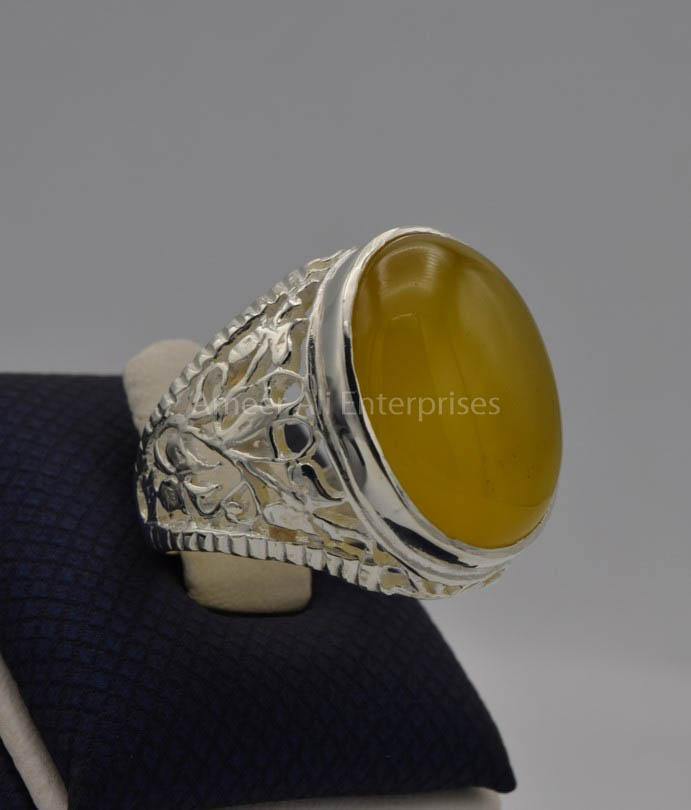 AAE 6536 Chandi Ring 925, Stone: Yellow Aqeeq - AmeerAliEnterprises