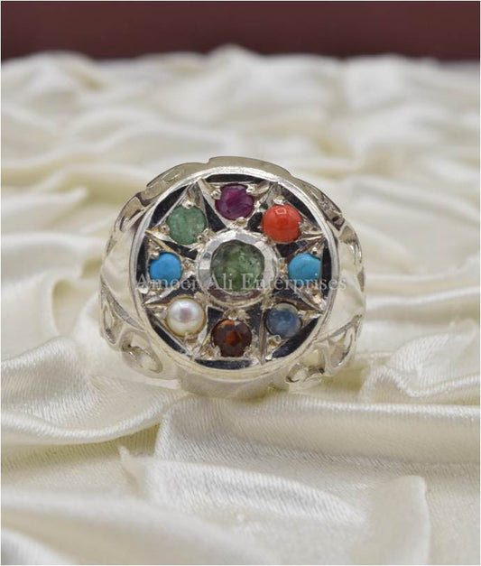 AAE 3627 Chandi Ring 925, Stone: Navratan (Nine Original Stones)