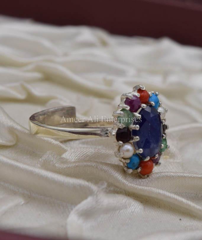 AAE 0527 Chandi Ring 925, Stone: Navratan (Nine Original Stones) - AmeerAliEnterprises