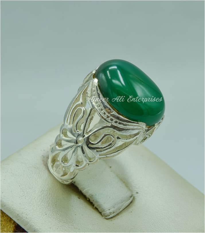 AAE 3116 Chandi Ring 925, Stone: Green Aqeeq - AmeerAliEnterprises