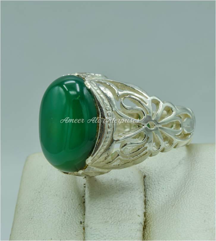 AAE 3116 Chandi Ring 925, Stone: Green Aqeeq - AmeerAliEnterprises