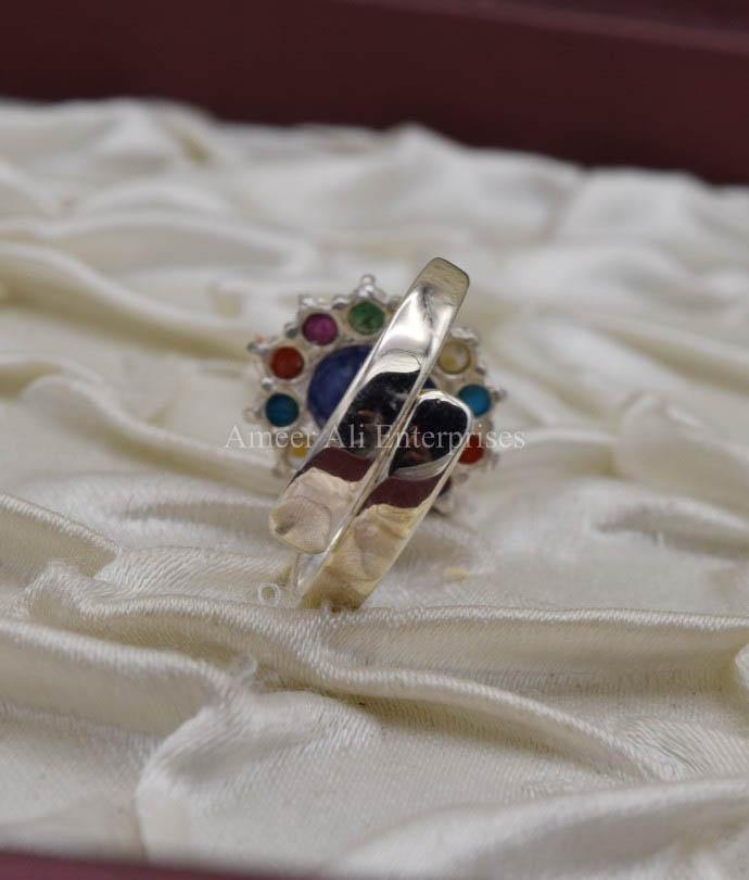AAE 0527 Chandi Ring 925, Stone: Navratan (Nine Original Stones) - AmeerAliEnterprises