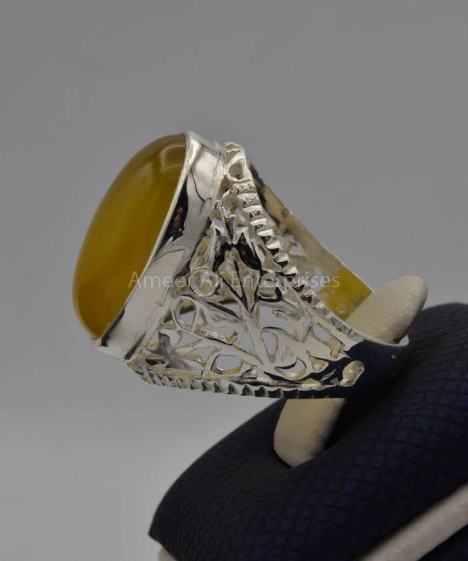 AAE 6536 Chandi Ring 925, Stone: Yellow Aqeeq - AmeerAliEnterprises