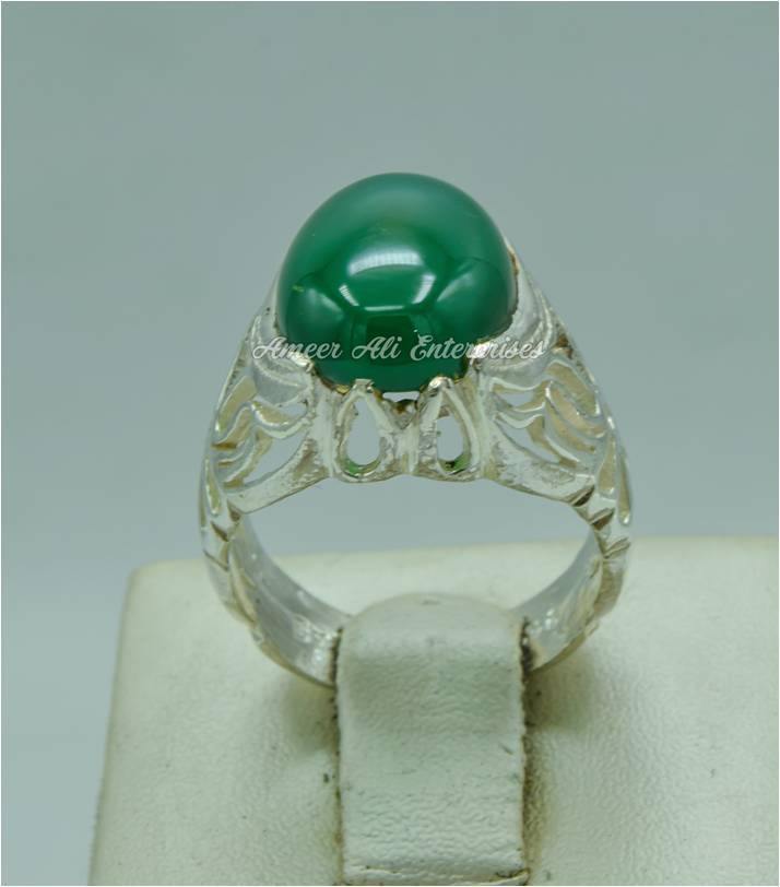 AAE 3116 Chandi Ring 925, Stone: Green Aqeeq - AmeerAliEnterprises