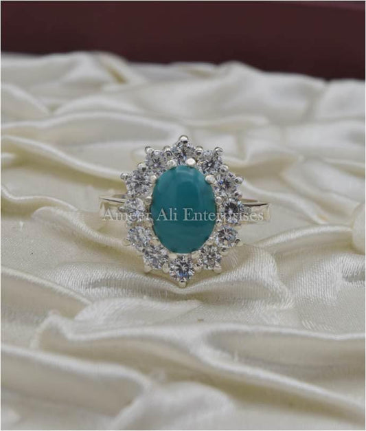 AAE 1216 Chandi Ring 925, Stone: Feroza (Turquoise) - AmeerAliEnterprises