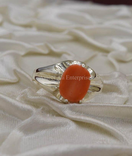 AAE 1576 Chandi Ring 925, Stone: Marjan (Coral) - AmeerAliEnterprises