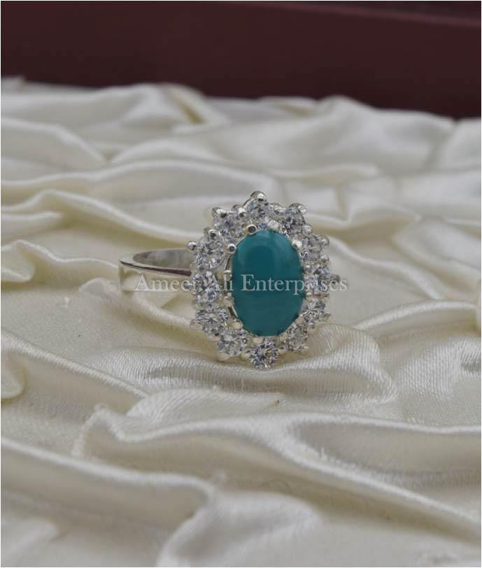 AAE 1216 Chandi Ring 925, Stone: Feroza (Turquoise) - AmeerAliEnterprises