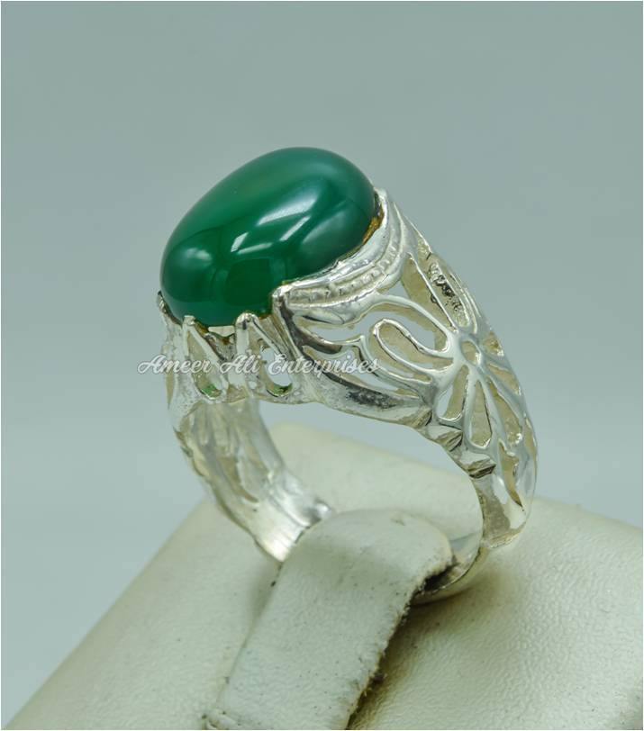 AAE 3116 Chandi Ring 925, Stone: Green Aqeeq - AmeerAliEnterprises