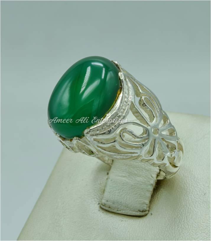 AAE 3116 Chandi Ring 925, Stone: Green Aqeeq - AmeerAliEnterprises