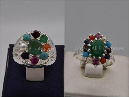 Silver Couple Rings: Pair 1, Stone: Nine Original Stones - AmeerAliEnterprises