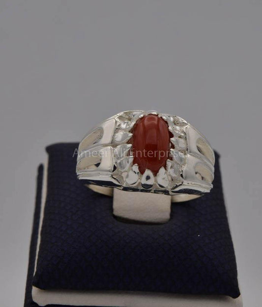 AAE 7712 Chandi Ring 925, Stone: Marjan (Coral) - AmeerAliEnterprises
